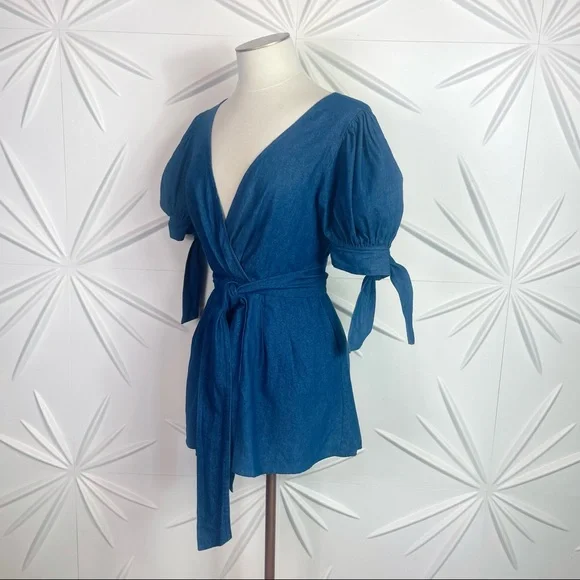 C/MEO Collective Kind to you Romper Puff Sleeve Cross Back Romper in Indigo - Picture 11 of 14